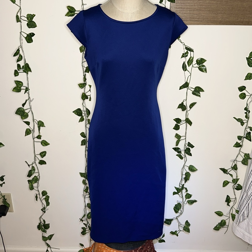 New York & Company Stretch Cobalt Blue Cap Sleeve  Business Casual Midi Dress